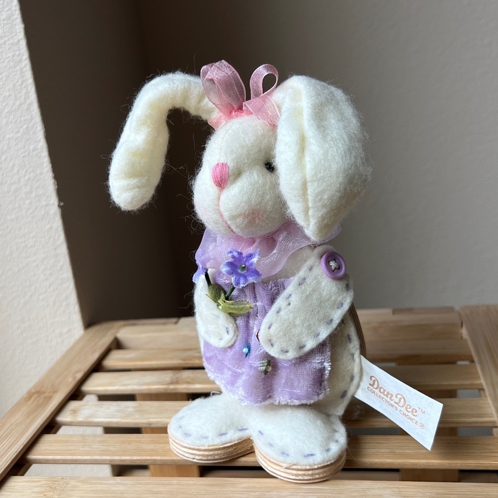 Vintage Dan Dee Felt Easter Decor Bunny Wood Frame Velvet Dress Stitch Buttons